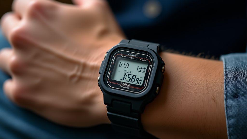 Funções digitais do casio masculino: Casio masculino digital moderno no pulso